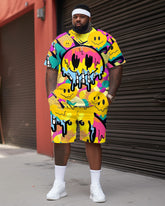 Big Men Smiling Face Street Cartoon Color Block Graffiti Short Sleeve Shorts Suit